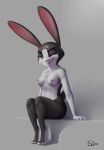  2019 anthro breasts buckteeth chest_tuft female green_eyes grey_background half-closed_eyes hi_res lagomorph leporid looking_at_viewer mammal meredith_(s1m) nipples nude one_eye_closed rabbit s1m signature simple_background sitting smile solo teeth tuft wink 
