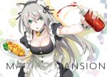  1girl animal_ears blush breasts cat_ears cleavage food green_eyes hair_ornament hair_ribbon highres ketchup large_breasts long_hair maid neck_bell open_mouth original ress ribbon silver_hair very_long_hair 