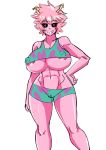  1girl areola_slip areolae ashido_mina bare_shoulders black_sclera boku_no_hero_academia breasts duo_kawa eyebrows_visible_through_hair grin horns large_breasts looking_at_viewer pink_hair pink_skin shiny shiny_skin short_hair simple_background smile solo white_background yellow_eyes 