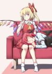  2girls armband black_vest blonde_hair blush bobby_socks bow commentary_request couch cravat demon_wings eyebrows_visible_through_hair finger_to_cheek flandre_scarlet hair_between_eyes hair_bow head_tilt head_wings koakuma lap_pillow long_hair long_sleeves looking_at_viewer lying multiple_girls no_hat no_headwear no_shoes on_side one_eye_closed pointy_ears puffy_short_sleeves puffy_sleeves red_eyes red_hair red_skirt red_vest ryuuno_stadtfeld shadow shirt short_hair short_sleeves side_ponytail sitting skirt sleeping smile socks touhou vest white_background white_legwear white_shirt wings yellow_neckwear 