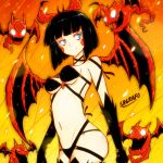  1girl andre_rojas_(srgrafo) bangs black_gloves blue_eyes blunt_bangs blush_stickers bob_cut bow breasts chloe_(r/animemes) choker commentary dark_persona demon_girl demon_wings elbow_gloves english_commentary evil_smile familiar gloves glowing glowing_eyes hair_bow medium_breasts navel orange_bow reddit revealing_clothes ribbon_choker slit_pupils smile solo underboob wings 