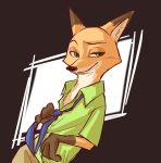  anthro black_nose bottomwear canid canine clothed clothing dipstick_ears disney fox fully_clothed fur gloves_(marking) green_eyes inner_ear_fluff looking_at_viewer mammal markings multicolored_ears necktie nick_wilde orange_body orange_fur pants pnoll red_fox shirt simple_background solo topwear tuft white_body white_fur zootopia 