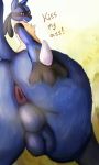  2019 absurd_res anthro balls blue_body blue_fur bodily_fluids butt butt_focus canid canine command dialogue digital_media_(artwork) english_text foreshortening fur hi_res looking_at_viewer lucario male mammal musk nintendo nude outside pok&eacute;mon pok&eacute;mon_(species) presenting rear_view smile solo sweat talking_to_viewer text vallus video_games 