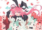 10r_(tulipano) 1boy astolfo_(fate) astolfo_(saber)_(fate) bangs black_bow black_dress black_gloves black_legwear black_neckwear black_ribbon blush border bow bowtie buttons double_v dress fate/grand_order fate_(series) frills gloves hair_between_eyes hair_bow hair_intakes hair_ribbon juliet_sleeves layered_skirt long_hair long_sleeves looking_at_viewer low_twintails multicolored_hair otoko_no_ko pink_background pink_hair puffy_sleeves purple_eyes ribbon skirt solo streaked_hair twintails v white_border white_hair white_skirt wide_sleeves wing_collar 