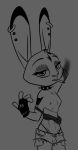  anthro bottomwear breasts choker cigarette clothed clothing dipstick_ears disney female gloves grey_background handwear head_tuft hi_res hotpants jewelry judy_hopps lagomorph leporid mammal multicolored_ears necklace nipples rabbit shorts simple_background smoking solo theblueberrycarrots topless tuft zootopia 