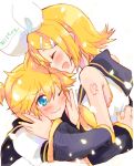  1boy 1girl bangs bare_shoulders black_collar black_sleeves blonde_hair blue_eyes blush bow brother_and_sister closed_eyes closed_mouth collar commentary crop_top detached_sleeves hair_bow hair_ornament hairclip hands_on_another&#039;s_face highres hug kagamine_len kagamine_rin nail_polish neckerchief one_eye_closed open_mouth sailor_collar school_uniform shiroro69 shirt short_hair short_ponytail short_sleeves shoulder_tattoo siblings sleeveless sleeveless_shirt smile spiked_hair swept_bangs tattoo translated twins upper_body vocaloid white_bow white_shirt yellow_nails yellow_neckwear 
