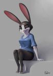  2019 anthro barefoot bottomless breasts buckteeth chest_tuft clothed clothing female green_eyes grey_background half-closed_eyes hi_res lagomorph leporid looking_at_viewer mammal meredith_(s1m) nipple_outline one_eye_closed rabbit s1m shirt signature simple_background sitting smile solo t-shirt teeth topwear tuft wink 