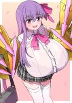  1girl absurdres akitokage01 bralines breasts claws fate/extra fate/extra_ccc fate/grand_order fate_(series) gigantic_breasts hair_ribbon highres huge_breasts long_hair looking_at_viewer passion_lip pink_eyes pink_ribbon purple_hair ribbon school_uniform see-through shirt smile solo thighhighs wet wet_clothes wet_shirt white_legwear zettai_ryouiki 