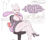  anthro balloon beverage big_breasts breasts business_suit clothing coffee female footwear hi_res high_heels legendary_pok&eacute;mon mew_tuely_(fan_character) mewtwo milftwo mootcookie_(artist) nintendo nipples party pok&eacute;mon pok&eacute;mon_(species) pussy scarf shoes suit video_games 