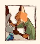  ambiguous_gender anthro canid canine clothed clothing disney duo fox fur grey_body grey_fur hi_res judy_hopps lagomorph leporid light lighting looking_at_another mammal necktie nick_wilde orange_body orange_fur pnoll police_uniform rabbit red_fox shirt side_view smile topwear uniform zootopia 