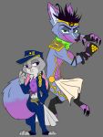  anthro canid canine claws clothed clothing cosplay crossover crossover_cosplay disney duo female fingerless_gloves fox fully_clothed gloves green_eyes grey_background hand_in_pocket handwear hat headgear headwear jojo&#039;s_bizarre_adventure jotaro_kujo judy_hopps lagomorph leporid male mammal midriff nick_wilde pink_nose pockets purple_eyes rabbit simple_background star_platinum theblueberrycarrots toe_claws toeless_legwear topless zootopia 
