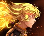  1girl artist_name belt blonde_hair closed_mouth collar deviantart_username fire glowing glowing_eye highres insertsomthinawesome long_hair looking_to_the_side red_eyes rwby sidelocks signature solo upper_body wind yang_xiao_long 