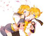  1boy 1girl bangs bare_shoulders black_collar black_shorts black_sleeves blonde_hair blue_eyes bow brother_and_sister collar commentary crop_top detached_sleeves face-to-face finger_heart grin hair_bow hair_ornament hairclip headphones headset heart heart_background highres kagamine_len kagamine_rin leaning_forward light_blush looking_at_viewer nail_polish neckerchief necktie one_eye_closed outstretched_arm oyamada_gamata sailor_collar school_uniform shirt short_hair short_ponytail short_sleeves shorts siblings smile spiked_hair swept_bangs symbol_commentary symmetrical_pose twins vocaloid white_background white_bow white_shirt yellow_nails yellow_neckwear 