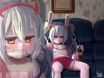  1girl animal_ears azur_lane bangs bunny_ears camisole commentary couch empty_eyes english_commentary expressionless fake_animal_ears flat_chest hair_between_eyes hairband highres jacket laffey_(azur_lane) lavender_hair legs_apart long_hair off_shoulder on_couch panties panty_peek parody pink_jacket pleated_skirt red_eyes red_skirt rich_evans sidelocks signature sitting skindentation skirt soda_bottle solo strap_slip thighhighs twintails underwear voccu wallpaper_(object) white_legwear zoom_layer 