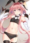 1boy animal_ears armpits astolfo_(fate) astolfo_(saber)_(fate) bangs bare_shoulders bikini black_bikini black_bow black_gloves black_hairband black_legwear bobo_(6630978) bow bunny_ears closed_mouth cowboy_shot detached_sleeves eyebrows_visible_through_hair fang fate/grand_order fate_(series) gloves gradient gradient_background grey_background hair_bow hair_intakes hairband hands_up highres long_sleeves multicolored_hair navel otoko_no_ko pink_hair purple_eyes short_hair_with_long_locks sidelocks skin_fang smile stomach streaked_hair swimsuit thigh_gap thighhighs w_arms white_hair 