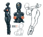  2019 alternate_species barcode big_breasts black_body breasts butt clothing collar dekotf eyeless female footwear high_heels humanoid navel nipples not_furry open_mouth orange_nipples pawpads pussy rubber rubber_creature sam_(dekotf) shoes simple_background solo standing thick_thighs white_background 