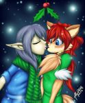  aldergames ambiguous_gender blue_eyes blush canid canine clothed clothing elf fall_of_eden fox girly hair hi_res holly_(plant) humanoid kai kia kissing male mammal plant red_hair silver_hair terry_(fall_of_eden) 