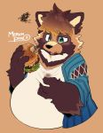  2019 ambiguous_gender anthro belly big_belly brown_body brown_fur burger canid canine clothing eating food fur hi_res mammal merunmohu overweight raccoon_dog shirt simple_background solo tanuki topwear 