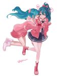  2girls arrow_print blue_hair bow closed_eyes commentary dual_persona eighth_note full_body hair_bow hair_ornament hands_up hatsune_miku heart high_fever_(module) highres hug lady-ichiko leg_up long_hair looking_at_viewer miniskirt multiple_girls musical_note necktie one_eye_closed open_mouth pill pink_skirt pink_sweater ponytail project_diva_(series) ribbon_girl_(module) shirt skirt sleeves_past_wrists slow_motion_(vocaloid) smile socks spoken_heart spoken_musical_note standing striped striped_neckwear sweater thighhighs twintails twitter_username vocaloid white_legwear white_shirt 
