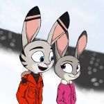  1:1 anthro blue_eyes clothed clothing dipstick_ears disney duo ear_markings facial_markings fur grey_body grey_fur head_markings hi_res jack_savage jacket judy_hopps lagomorph leporid looking_at_another mammal markings multicolored_ears open_mouth open_smile pink_nose purple_eyes rabbit smile sweater theblueberrycarrots topwear turtleneck zootopia 