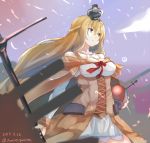  1girl blonde_hair blue_eyes blue_sky braid cannon cloud commentary_request corset crown dated dress flower french_braid globus_cruciger highres jamiro_quaison kantai_collection long_hair long_sleeves machinery mini_crown off-shoulder_dress off_shoulder red_flower red_ribbon red_rose ribbon rose scepter sky solo standing twitter_username warspite_(kantai_collection) white_dress 