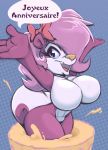  big_breasts bow breasts cake dialogue female fifi_la_fume food food_play french_text fur hair hi_res joelasko looking_at_viewer mammal mephitid multicolored_body multicolored_fur open_mouth pop_out_cake purple_body purple_fur purple_hair skunk solo text tiny_toon_adventures warner_brothers white_body white_fur wide_hips 