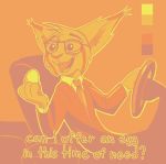  clothed clothing dialogue ear_tuft egg english_text eyewear fangs felid feline food glasses head_tuft hi_res holding_food holding_object lynx mammal necktie open_mouth open_smile orange_theme restricted_palette smile suit text theblueberrycarrots theblueberrycarrots_(character) tuft 