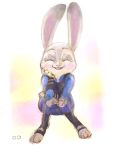  abstract_background anthro buckteeth clothed clothing dipstick_ears disney eyes_closed front_view fully_clothed fur grey_body grey_fur hi_res judy_hopps lagomorph leporid mammal multicolored_ears open_mouth open_smile pnoll police_uniform rabbit smile solo teeth toeless_legwear uniform zootopia 