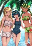  3girls bare_shoulders bikini blonde_hair blue_eyes blue_hair braid closed_mouth covered_navel dark_skin goggles goggles_on_head green_eyes green_hair hair_ornament highres lillie_(pokemon) long_hair low_twintails mao_(pokemon) midriff multiple_girls navel one-piece_swimsuit open_mouth pokemon short_hair shorts signature smile staryu suiren_(pokemon) swimsuit takecha teeth tree twintails water 