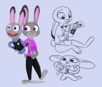  anthro barefoot bottomwear buckteeth clothed clothing dipstick_ears disney female fully_clothed fur grey_body grey_fur hand_puppet hi_res judy_hopps lagomorph leporid mammal multicolored_ears pants puppet rabbit shirt shorts sitting smile solo standing t-shirt teeth theblueberrycarrots topwear zootopia 