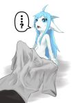  ? anthro blue_eyes blue_hair bodily_fluids clothing confusion dragon fangs female fur furred_dragon grey_clothing grey_shirt grey_topwear hair hi_res horn inner_ear_fluff long_hair open_mouth post_transformation shimizu_tsubasa shirt simple_background sitting solo speech_bubble sweat tongue topwear tuft white_background white_body white_fur wingless_dragon young 