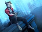  2019 4:3 anthro cigarette hi_res hyaenid male mammal rooftop sitting solo twinkle-sez 