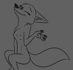  anthro arctic_fox black_nose breasts canid canine disney female fox grey_background hi_res looking_at_viewer mammal nipples nude one_eye_closed simple_background sitting skye_(zootopia) smile solo theblueberrycarrots wink zootopia 