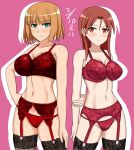  2girls arm_behind_back arm_grab black_legwear blonde_hair blush border bra brave_witches breasts brown_hair cleavage contrapposto garter_belt green_eyes gundula_rall hachimitsu-b hand_on_hip lace lace-trimmed_bra lace-trimmed_legwear large_breasts lingerie long_hair minna-dietlinde_wilcke multiple_girls navel panties pink_background red_bra red_eyes red_garter_belt red_garter_straps red_panties short_hair smile strike_witches thighhighs underwear white_border world_witches_series 