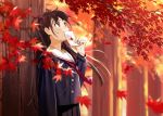  autumn brown_eyes brown_hair crying leaves long_hair original school_uniform skirt tears tie tree urata_asao 