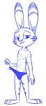  &lt;3 &lt;3_eyes abs anthro blue_and_white bulge clothed clothing disney ear_markings facial_markings head_markings hi_res jack_savage lagomorph leporid looking_at_viewer male mammal markings monochrome muscular rabbit scar simple_background smile solo speedo standing stripes swimwear theblueberrycarrots topless white_background zootopia 