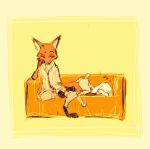  anthro barefoot bottomwear butt canid canine clothed clothing disney duo fox fully_clothed fur furniture judy_hopps lagomorph leporid looking_at_another mammal necktie nick_wilde orange_body orange_fur pants pnoll rabbit red_fox shirt simple_background sitting sleeping sofa sound_effects topwear yellow_background zootopia zzz 