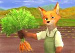  502 anthro black_nose canid canine carrot claws clothed clothing cloud dipstick_ears dirt disney food fox fumo3 fur gloves_(marking) hi_res holding_food holding_object inner_ear_fluff light lighting looking_at_viewer mammal markings multicolored_ears nick_wilde orange_body orange_fur outside overalls plant red_fox sky smile solo standing tan_body tan_fur tuft vegetable zootopia 