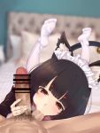  1boy 1girl absurdres animal_ear_fluff animal_ears azur_lane bangs bar_censor black_hair blurry blurry_background cat_ears cat_tail censored hetero highres looking_at_viewer maid_headdress male_pubic_hair mosaic_censoring penis pubic_hair red_eyes solo_focus sucking_testicles suushiki tail testicles white_legwear yamashiro_(azur_lane) 