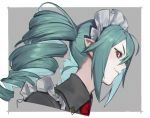  1girl aqua_hair closed_eyes drill_hair frills grey_background hair_between_eyes hit-kun long_hair maid_headdress original pointy_ears red_eyes red_neckwear smile solo twintails two-tone_background white_background 