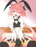  1boy animal_ears astolfo_(fate) astolfo_(saber)_(fate) bangs bare_shoulders black_bow black_gloves black_ribbon blush bow bowtie braid bunny_ears commentary_request eyebrows_visible_through_hair fang fate/grand_order fate_(series) gloves hair_between_eyes hair_bow hair_intakes hair_ornament hair_ribbon highres long_hair long_sleeves looking_at_viewer multicolored_hair navel otoko_no_ko pink_hair purple_eyes ribbon sang_youmu solo streaked_hair twintails white_hair 