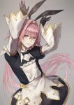  1boy absurdres aito arms_up astolfo_(fate) astolfo_(saber)_(fate) bangs black_bow black_gloves black_ribbon bow bowtie commentary_request dress eyebrows_visible_through_hair fate/grand_order fate_(series) gloves grey_background hair_between_eyes hair_bow hair_intakes hair_ribbon highres long_hair long_sleeves looking_at_viewer otoko_no_ko pink_hair purple_eyes ribbon simple_background solo twintails 