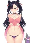  1girl ass_visible_through_thighs asymmetrical_bangs bangs black_hair blue_eyes blush breasts choker cleavage cowboy_shot earrings gen_8_pokemon highres jewelry kuavera lowleg lowleg_panties mary_(pokemon) medium_breasts morpeko navel panties pokemon pokemon_(creature) pokemon_(game) pokemon_swsh purple_panties self_exposure short_twintails skindentation solo thigh_gap twintails underwear 