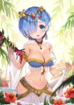  1girl alternate_costume bangs bare_shoulders blue_eyes blue_hair blurry breasts cleavage collarbone dancer depth_of_field earrings flower food fruit grapes hair_ornament hair_over_one_eye hibiscus highres hip_vent jewelry large_breasts lerome looking_at_viewer navel neck_ring necklace open_mouth re:zero_kara_hajimeru_isekai_seikatsu red_flower rem_(re:zero) revealing_clothes ruby_(gemstone) short_hair smile solo stomach wading water wet 