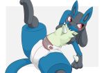  2019 ambiguous_gender anthro black_body black_fur blue_body blue_fur chest_spike diaper fur hand_spike hi_res looking_away lucario nintendo nyanyakotarou pok&eacute;mon pok&eacute;mon_(species) raised_leg red_eyes solo spikes spread_legs spreading video_games 