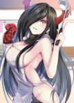  1girl aoi_minato_(aoi3710blueport) apron armpit_crease azur_lane bangs black_hair breasts cleavage commentary_request crazy_eyes demon_horns eyebrows_visible_through_hair friedrich_der_grosse_(azur_lane) grin hair_over_one_eye highres holding_ladle horns indoors kitchen ladle large_breasts long_hair looking_at_viewer mechanical_horns naked_apron ringed_eyes sidelocks smile solo straight_hair teeth very_long_hair yellow_eyes 