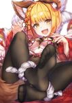  1girl absurdres animal_ears black_legwear blonde_hair breasts dog_ears dog_tail erune eyebrows_visible_through_hair granblue_fantasy highres hyouta_(yoneya) looking_at_viewer open_mouth pantyhose rope short_hair small_breasts solo tail vajra_(granblue_fantasy) white_background yellow_eyes 