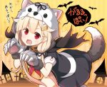  1girl animal_hood black_serafuku black_skirt blonde_hair blush commentary_request fang hair_between_eyes hair_flaps halloween halloween_costume hood kantai_collection long_hair neckerchief open_mouth paws pleated_skirt red_eyes red_neckwear remodel_(kantai_collection) school_uniform serafuku short_sleeves skirt solo speech_bubble tail translation_request wolf_tail yume_no_owari yuudachi_(kantai_collection) 