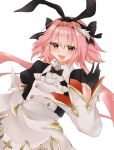  1boy astolfo_(fate) astolfo_(saber)_(fate) bangs black_bow black_dress black_neckwear black_ribbon blush bow bowtie buttons calon dress fang fate/grand_order fate_(series) hair_between_eyes hair_bow hair_intakes hair_ribbon hand_up highres juliet_sleeves long_hair long_sleeves looking_at_viewer multicolored_hair open_mouth otoko_no_ko pink_hair puffy_sleeves purple_eyes ribbon simple_background skirt smile solo streaked_hair twintails white_background white_hair white_skirt wide_sleeves wing_collar 