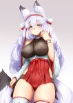 1girl animal_ear_fluff animal_ears barbariank bare_shoulders blue_eyes blush breasts commentary covered_nipples detached_sleeves english_commentary eyebrows_visible_through_hair fox_ears fox_tail hairband heart heart-shaped_pupils highres hip_vent large_breasts lavender_hair long_hair meyeri_(barbariank) original ribbon shibari shibari_over_clothes solo symbol-shaped_pupils tail thighhighs upper_body very_long_hair wristband 